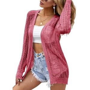 Coolmee Women's Crochet Cardigan Sweater Long Sleeve Open Front Lightweight Boho Cover Up Summer Knit Cardigans - 1 of 4