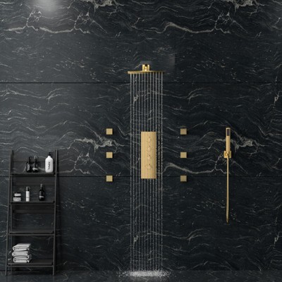 Brushed Gold Thermostatic Wall Mounted Rainfall Shower System with Body Jets