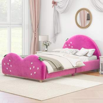 Twin size Princess Carriage Bed with Crown, Wood Platform Car Bed with  Stair, White+Pink-ModernLuxe
