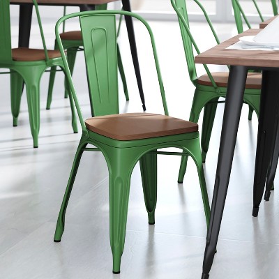 Green Metal Indoor-Outdoor Stackable Chair with Teak Seat