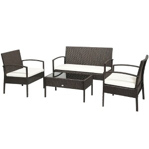 Aghana Digitals 4-Piece All-Weather PE Wicker Patio Set: Loveseat, 2 Chairs, Glass Table with Cream - 1 of 4