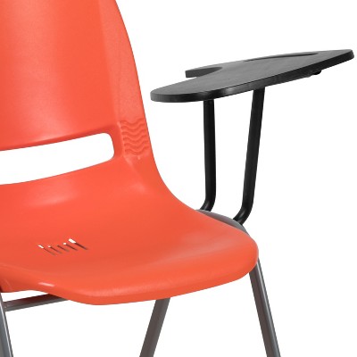 Compact Orange Ergonomic Shell Chair with Flip-Up Tablet Arm