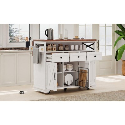 UNISOAR White 46.5" Farmhouse Kitchen Island with Wheels