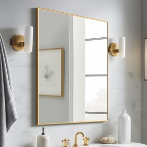 40"x30" Rectangle Bathroom Mirror with Aluminum Alloy Frame, Wall Hanging Mirror Wall Mounted Vanity Mirror for Bedroom Living Room Entryway, Gold - 1 of 4
