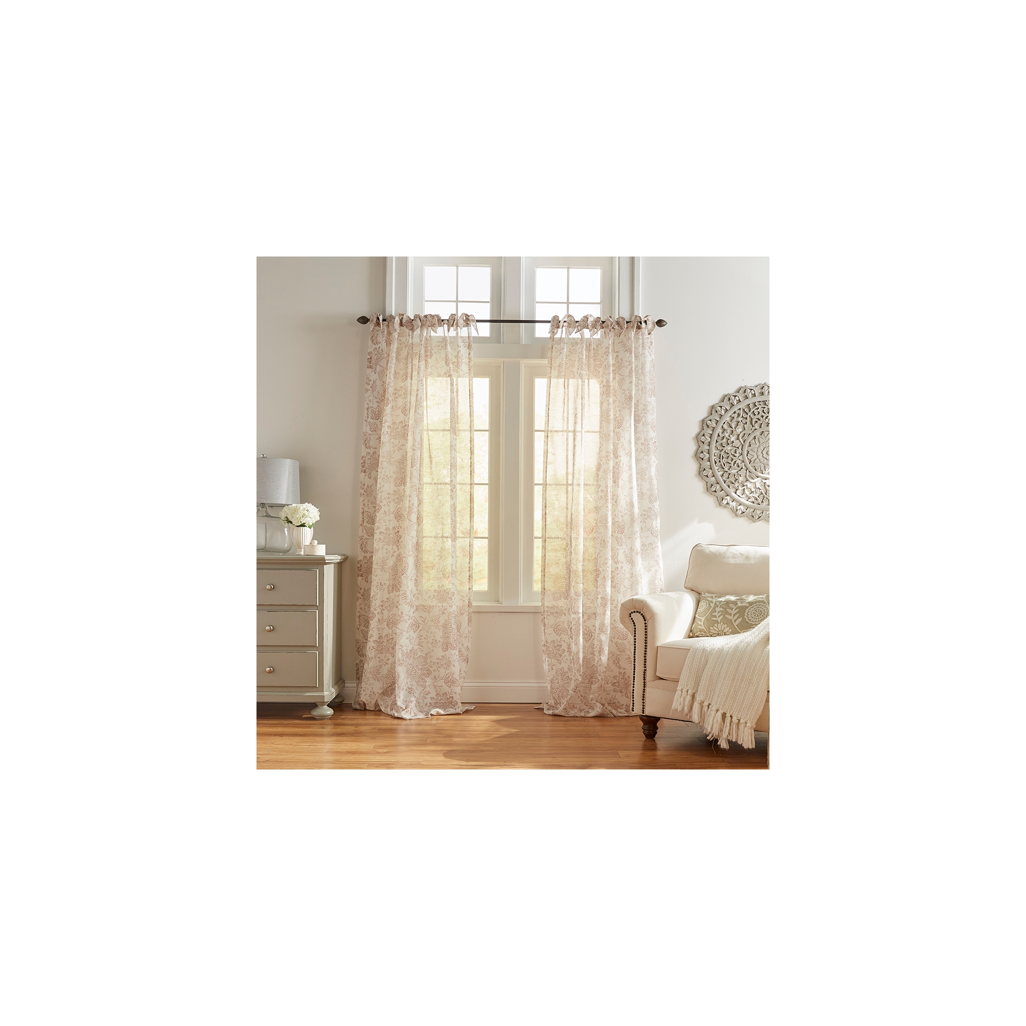Westport Floral Tie-Top Cottagecore Sheer Single Window Curtain Panel - 52" x 95" - Flax - Elrene Home Fashions