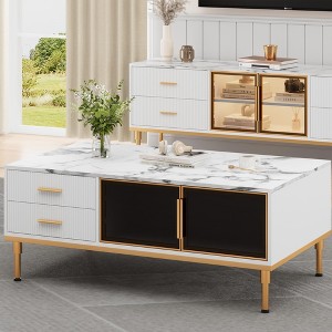 Coffee Table for Living Room, Faux Marble Coffee Table with 4 Drawers and Glass Doors Storage, Modern Aesthetic Fluted Panel Design - 1 of 4