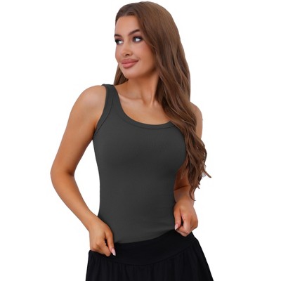 Allegra K Women's Ribbed Round Neck Sleeveless Workout Basic Slim-Fit Tank Tops