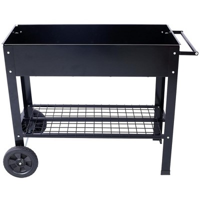 Black Steel Elevated Raised Garden Bed with Wheels and Storage Shelf