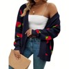 Women's Plus Size Strawberry Print Cardigan Knit Long Sleeve Loose Open Front Sweater Outerwear - 3 of 4
