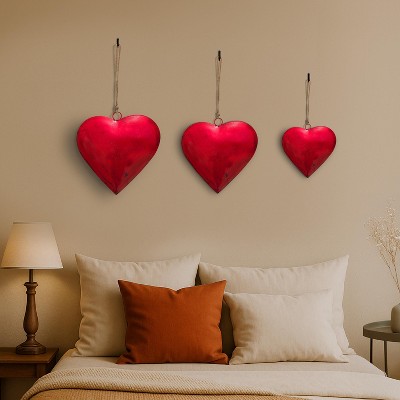 Royal Hampton Decorative Metal Heart Wall Decor Set of 3, Classic Red with Jute Hanging Rope, 12, 9.5, 7 Inches