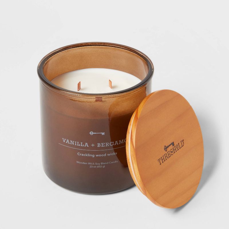 3-Wick Amber Glass Vanilla + Bergamot Lidded Wooden Wick Jar Candle 21oz - Threshold&#8482;, 4 of 5