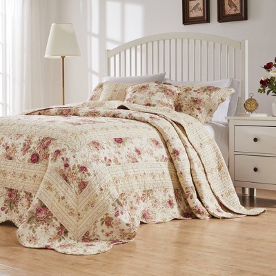 Queen Blue Cotton Reversible Floral Bedspread Set