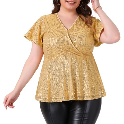 Women's Plus Size Sequin Metallic Faux Wrap V Neck Short Sleeve Glitter Party Peplum Blouses - Agnes Orinda