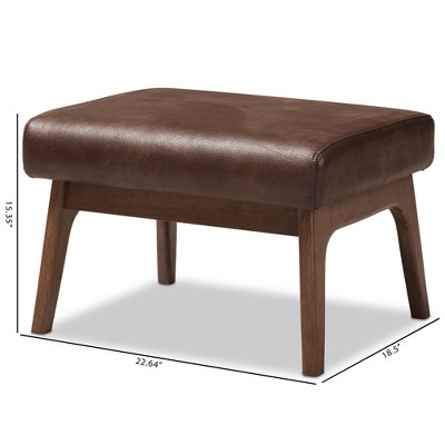 Bianca 19'' Walnut Wood Distressed Dark Brown Faux Leather Ottoman