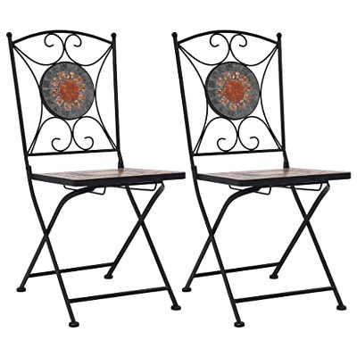 vidaXL Mosaic Decorative Bistro Chairs - 2 pcs Set in Orange and Gray, Powder-Coated Iron Frame with Ceramic seat