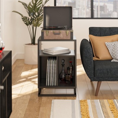 Kumasinova Turntable Stand with Storage Cubes,Modern Side Table with Metal Base,End Table with open cubbies,Small Coffee Table for Living Room,Black
