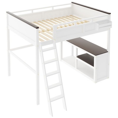 Bellemave Queen Loft Bed with Desk, Storage Shelf & USB Charging Station, Wood Loft Bed Frame with Slats & Guardrail, White