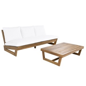 Christopher Knight Home Mistvale Outdoor Acacia Wood 3 Seater Sofa Chat Set with Cushions - 1 of 4