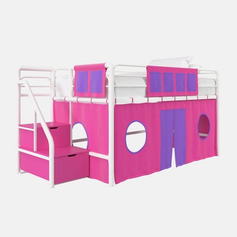 Twin Junior Metal Loft Bed With Storage Steps And Curtain Set