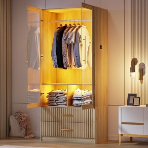 Fredees 70.8" Modern Wardrobe Armoire with LED Glass Doors, Motion Sensor, 2 Drawers & Hanging Rod - 1 of 4