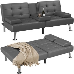 LACOO Faux Leather Futon Convertible Couch with 2 Cup Holders - 1 of 4