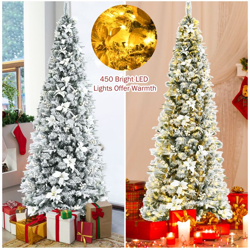 Tangkula Pre-Lit Lifelike Xmas Tree 5FT Snow-Flocked Slim Christmas Tree W/ 339 Branches Tips, 5 of 11