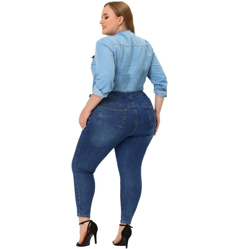 Agnes Orinda Women's Plus Size High Waist Buckle Decor Slash Pocket Denim Skinny Jeans, 5 of 7