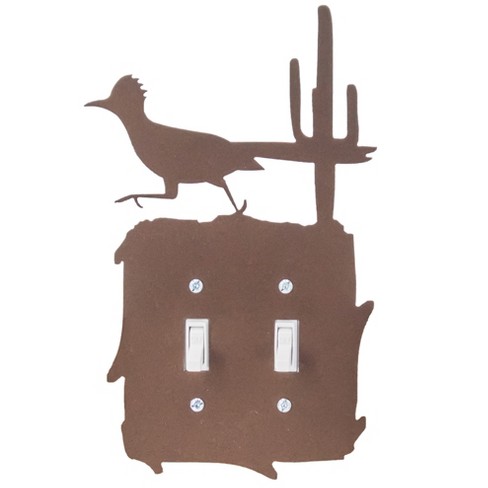 5 Star Super Deals Southwestern Double Light Switch Cover Plate - Roadrunner and Cactus Design - Rustic Matte Brown Finish - Fits Standard Switches - image 1 of 4