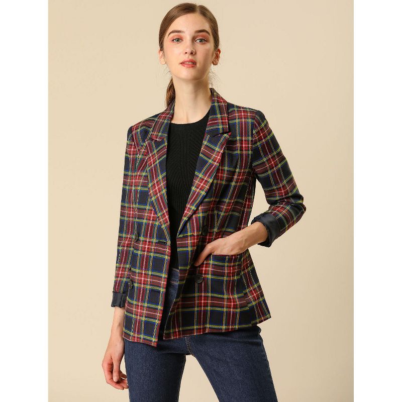 Allegra K Women's Casual Fit Notched Lapel Double Breasted Plaid Formal Blazer, 4 of 8