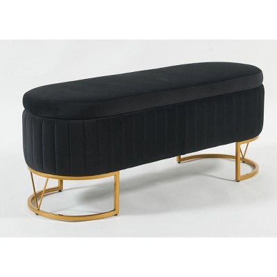 INFURNIC Ottomans and Benches Oval Velvet Storage Bench Upholstered Bedroom Bench with Metal Legs for Living Room, Black, 45.6"*15.7"*17.5"