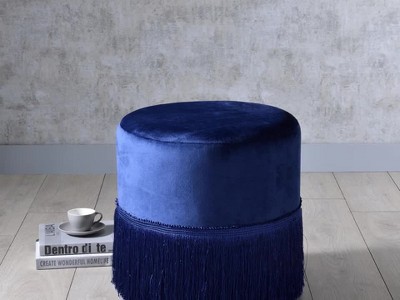 Clivia Midnight Blue Velvet Round Storage Ottoman with Fringe Base