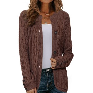 INSPIRE CHIC Women's Button Down Long Sleeve Crew Neck with Pockets Casual Sweater Cardigan - 1 of 4