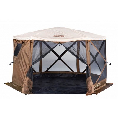CLAM Quick-Set Escape Sky Camper 11.5 x 11.5 Ft Portable Pop-Up Outdoor Gazebo Screen Tent 6 Sided Canopy Shelter w/ Ground Stakes & Carry Bag, Brown
