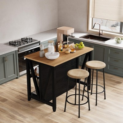 Large Kitchen Island with Storage, 47.2" Coffee Bar Table with Power Outlet & LED Lights, 3-Tier Microwave Stand Oven Shelf