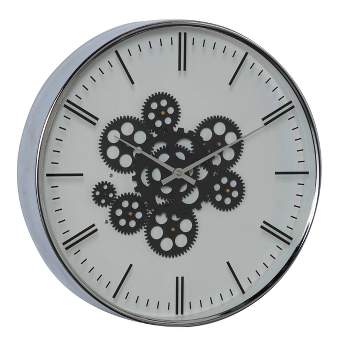 16" x 16" Round Metal Wall Clock with Functioning Gear Center Black/White - Olivia & May