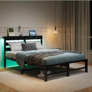 CAVINAS Queen Size Bed Frame with Wooden Headboard, Metal Bed Frame with RGB Lights, Charger, Storage Shelf, Noise-Free - 1 of 4