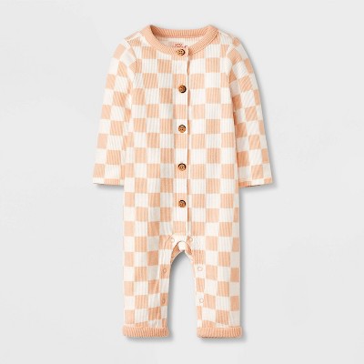 Baby Waffle Romper - Cat & Jack™ Beige 0-3M: Lightweight Thermal Fabric, Front Button Down, Crotch Snap, Long Sleeve
