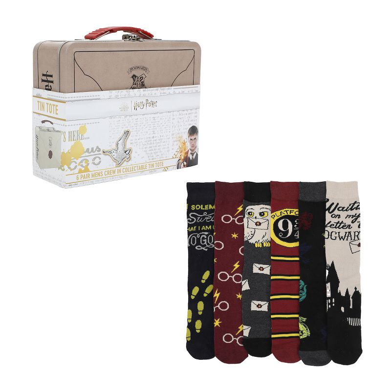 Harry Potter Waiting On My Letter To Hogwarts Adult 6-Pair Casual Crew Socks with Tin Tote, 1 of 7
