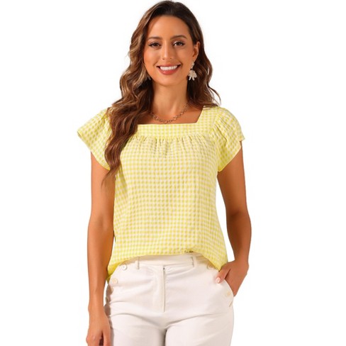 Allegra K Women's Summer Square Neck Gingham Cap Sleeve Blouses Yellow ...