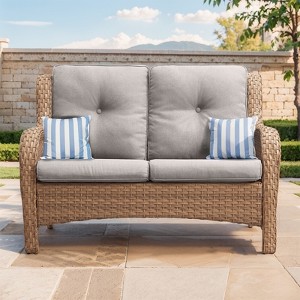 Buenhomino Outdoor Patio Couch Wicker Sofa Loveseat- 2 Seater Rattan Sofa for Outside Patio Garden with Deep Seating and Olefin Cushions - 1 of 4