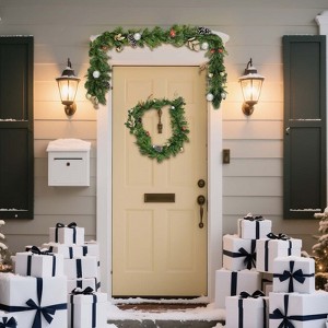 6ft Battery Operated Pre-Lit Xmas Garland – Timer Function, Red Gold Baubles/Pinecones/Berries/Poinsettia - 1 of 4