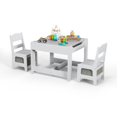 Infans 3 in 1 Kids Wood Table & 2 Chair Set, Children Activity Table Desk Sets w/Storage Drawer, Detachable Blackboard