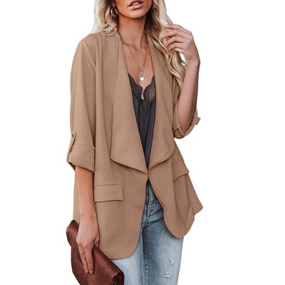 Womens Casual Jackets Fall Outfits for Lady Roll Up Open Front Blazer Longline Blazer Work Office Business Blazers