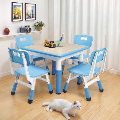 Modern Kids Table and 4 Chair Set,23.26" Height Adjustable Toddler Tables and 4 Chairs with Non-Slip Desk Legs&Organizer Graffiti Desktop