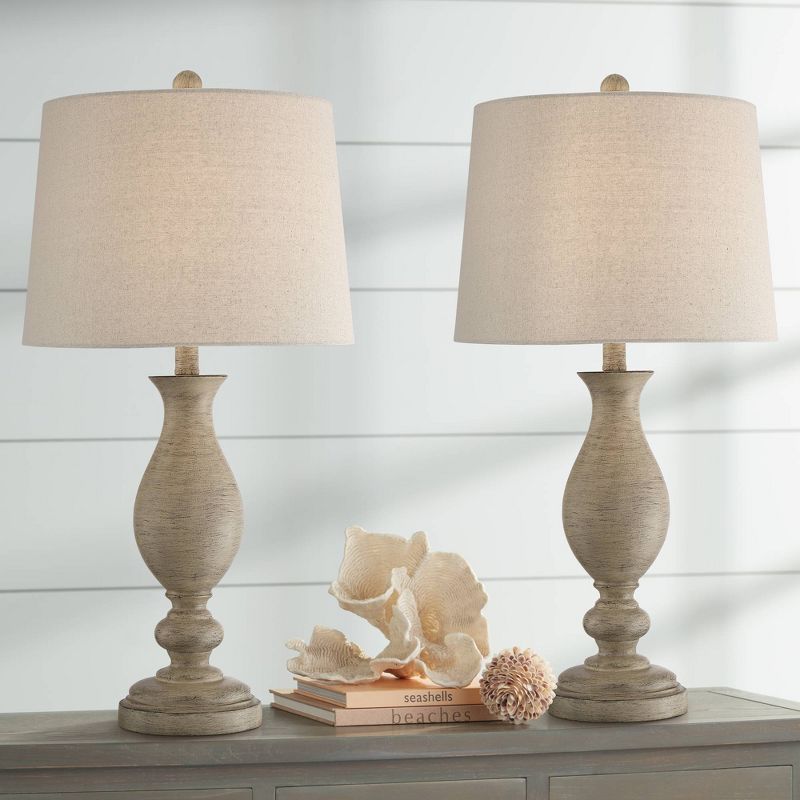 Regency Hill Serena Country Cottage Table Lamps 27 1/2" Tall Set of 2 Beige Gray Oatmeal Fabric Drum Shade for Bedroom Living Room Bedside Nightstand, 2 of 10
