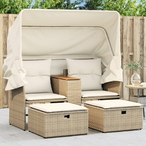 vidaXL Patio Sofa 2-Seater with Canopy and Stools Beige Poly Rattan - 1 of 4