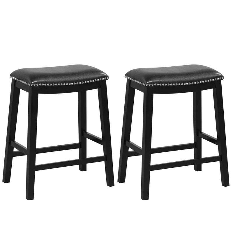 Costway 26-Inch Bar Stool Set of 2 Counter Height Saddle Stools with Upholstered Seat Brown/Black/Gray, 1 of 9