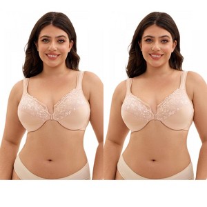 INSPIRE CHIC 2 Pcs Women's Front Closure Lace Trim Underwire Adjustable Straps Plunge Bras - 1 of 4
