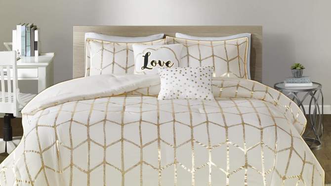 Kendra Metallic Printed Duvet Cover Set Ivory/Gold, 2 of 15, play video