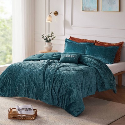 Teal Crushed Velvet Quilted Full/Queen Duvet Set
